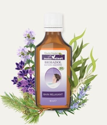 Biobadol, le bain relaxant à base d'huiles essentielles 100% bio du Docteur Valnet. Flacon de 50 ml