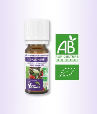 Flacon 10 ml d'huile essentielle Gaulthérie. Certifiée label AB, Agriculture Biologique.
