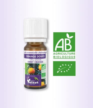 Flacon 10 ml d'huile essentielle de Orange Douce. Certifiée label AB, Agriculture Biologique.