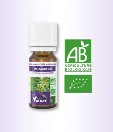Flacon 10 ml d'huile essentielle de Palmarosa. Certifiée label AB, Agriculture Biologique.