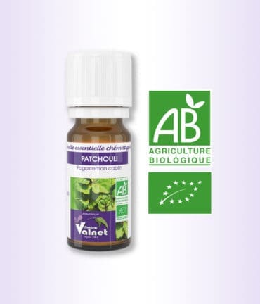 Flacon 10 ml d'huile essentielle de Patchouli. Certifiée label AB, Agriculture Biologique.