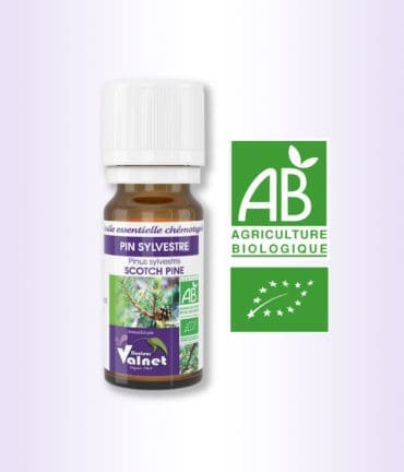 Flacon 10 ml d'uile essentielle de Pin Sylvestre 100% BIO. Certifiée label AB, Agriculture Biologique.