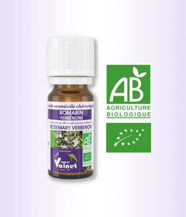 Flacon 10 ml d'huile essentielle de Romarin Verbénone. Certifiée label AB, Agriculture Biologique.
