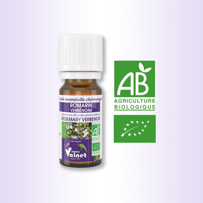 Flacon 10 ml d'huile essentielle de Romarin Verbénone. Certifiée label AB, Agriculture Biologique.