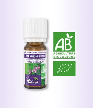Flacon 10 ml d'huile essentielle Géranium Rosat. Certifiée label AB, Agriculture Biologique.