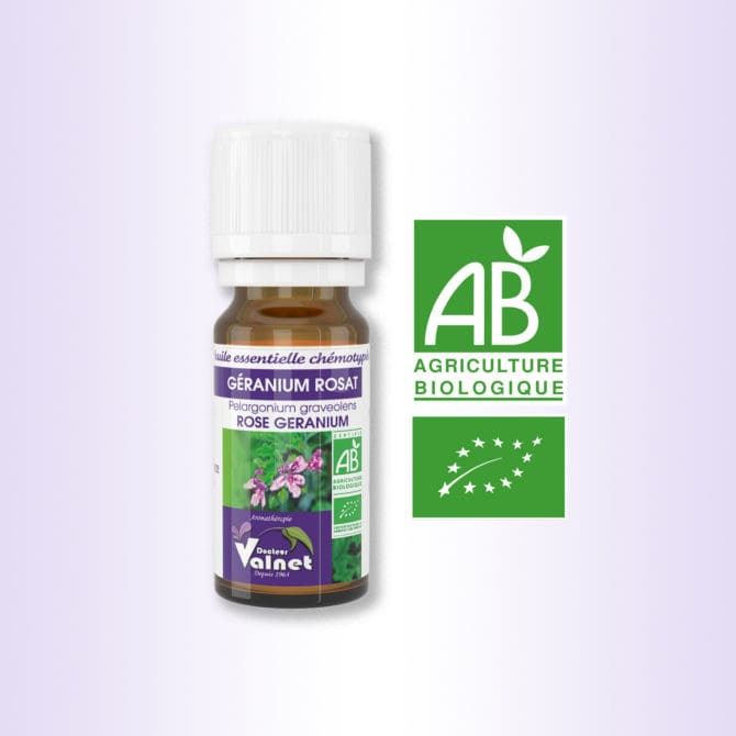 Flacon 10 ml d'huile essentielle Géranium Rosat. Certifiée label AB, Agriculture Biologique.