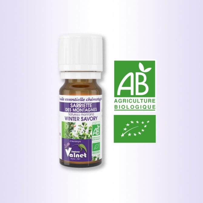 Flacon 10 ml d'huile essentielle de Sarriette Des Montagnes. Certifiée label AB, Agriculture Biologique.