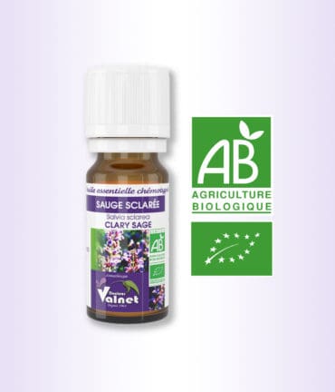 Flacon 10 ml d'huile essentielle de Sauge Sclarée. Certifiée label AB, Agriculture Biologique.