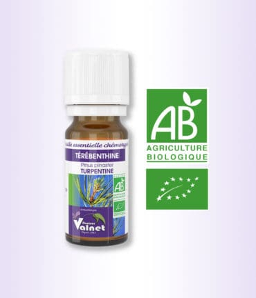 flacon 10 ml d'huile essentielle de Térébenthine 100% BIO, certifiée label AB, Agriculture Biologique.