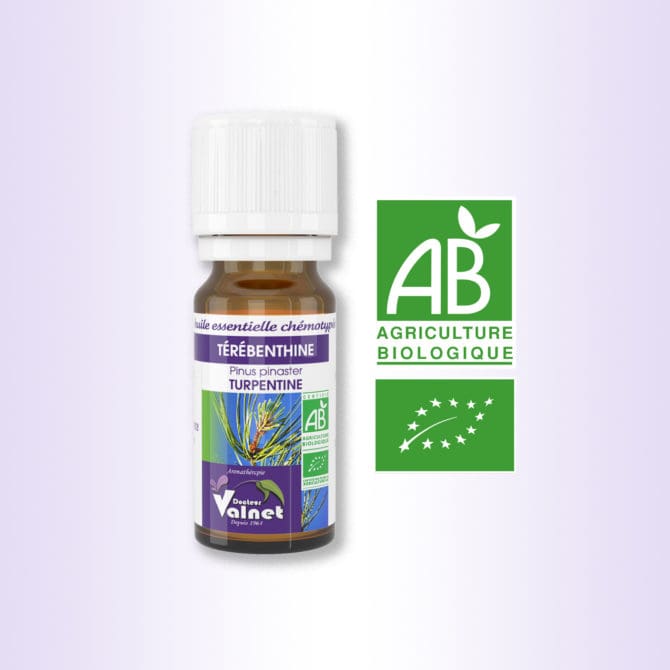 flacon 10 ml d'huile essentielle de Térébenthine 100% BIO, certifiée label AB, Agriculture Biologique.