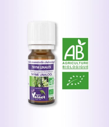 flacon 10 ml d'huile essentielle de Thym Linalol 100% BIO, certifiée label AB, Agriculture Biologique.