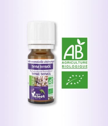 flacon 10 ml d'huile essentielle de thym thymol. Certifiée label AB, Agriculture Biologique.