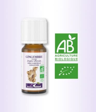 Flacon 10 ml d'huile essentielle Gingembre Frais. Certifiée label AB, Agriculture Biologique.