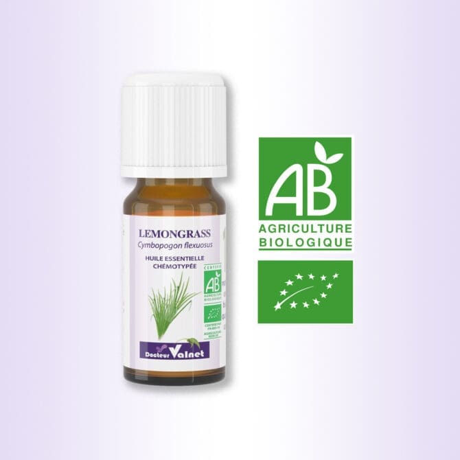 HE lemongrass, 100% BIO, certifiée label AB, Agriculture Biologique.