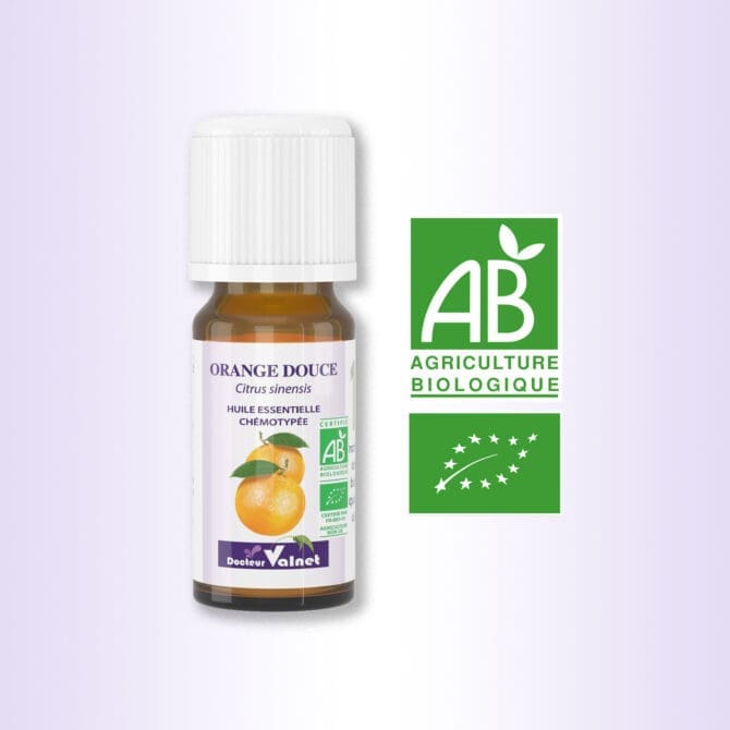 Flacon 10 ml d'huile essentielle de Orange Douce. Certifiée label AB, Agriculture Biologique.