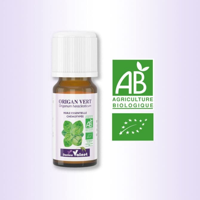 Flacon 10 ml d'huile essentielle de Origan Vert. Certifiée label AB, Agriculture Biologique.