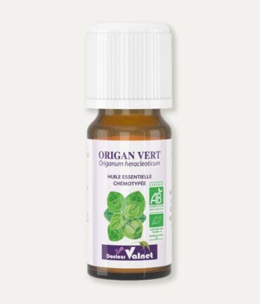 Flacon 10 ml d'huile essentielle d'origan vert. Certifiée label AB, Agriculture Biologique.