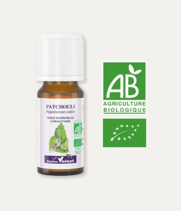 Huile essentielle de patchouli 100% BIO, certifiée label AB, Agriculture Biologique.