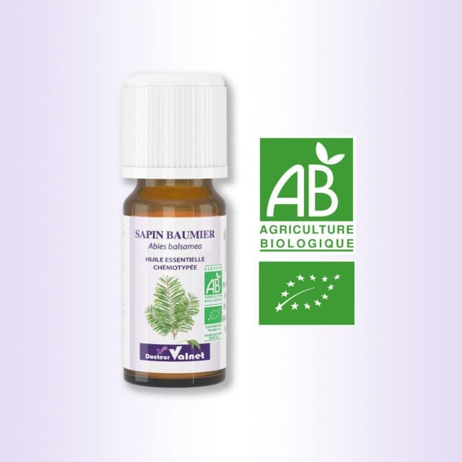Flacon 10 ml d'huile essentielle de Sapin Baumier. Certifiée label AB, Agriculture Biologique.