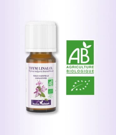 flacon 10 ml d'huile essentielle de Thym Linalol 100% BIO, certifiée label AB, Agriculture Biologique.