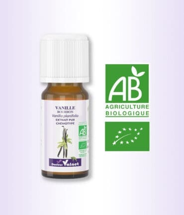 Flacon de 10 ml extrait pur chémotypé de vanille bourbon. Certifiée label AB, Agriculture Biologique.