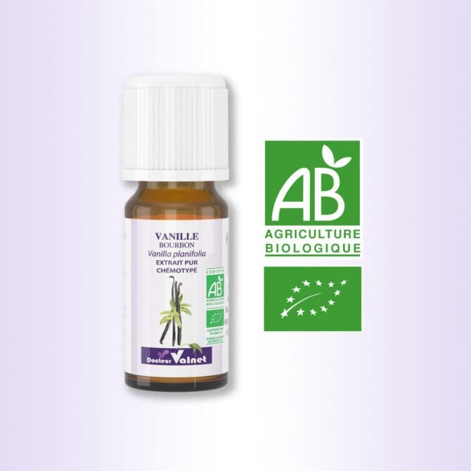 Flacon de 10 ml extrait pur chémotypé de vanille bourbon. Certifiée label AB, Agriculture Biologique.