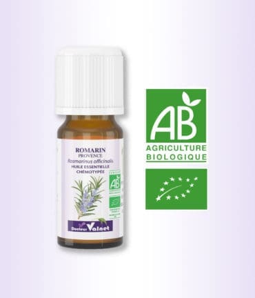 Flacon 10 ml d'uile essentielle de Romarin Provence. Certifiée label AB, Agriculture Biologique.
